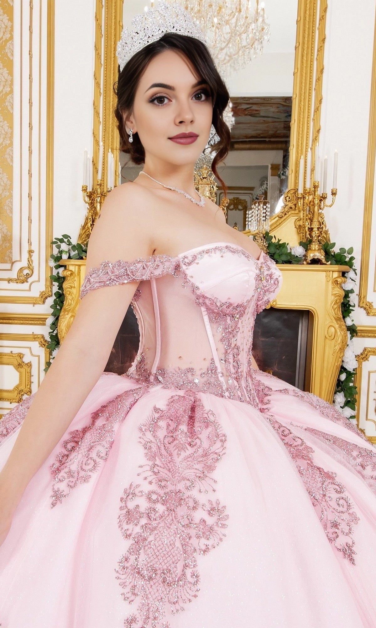 Beaded Ballgown Off‑Shoulder Short‑Sleeve Corset‑Back Floor‑Train‑Length Quinceanera Dress
