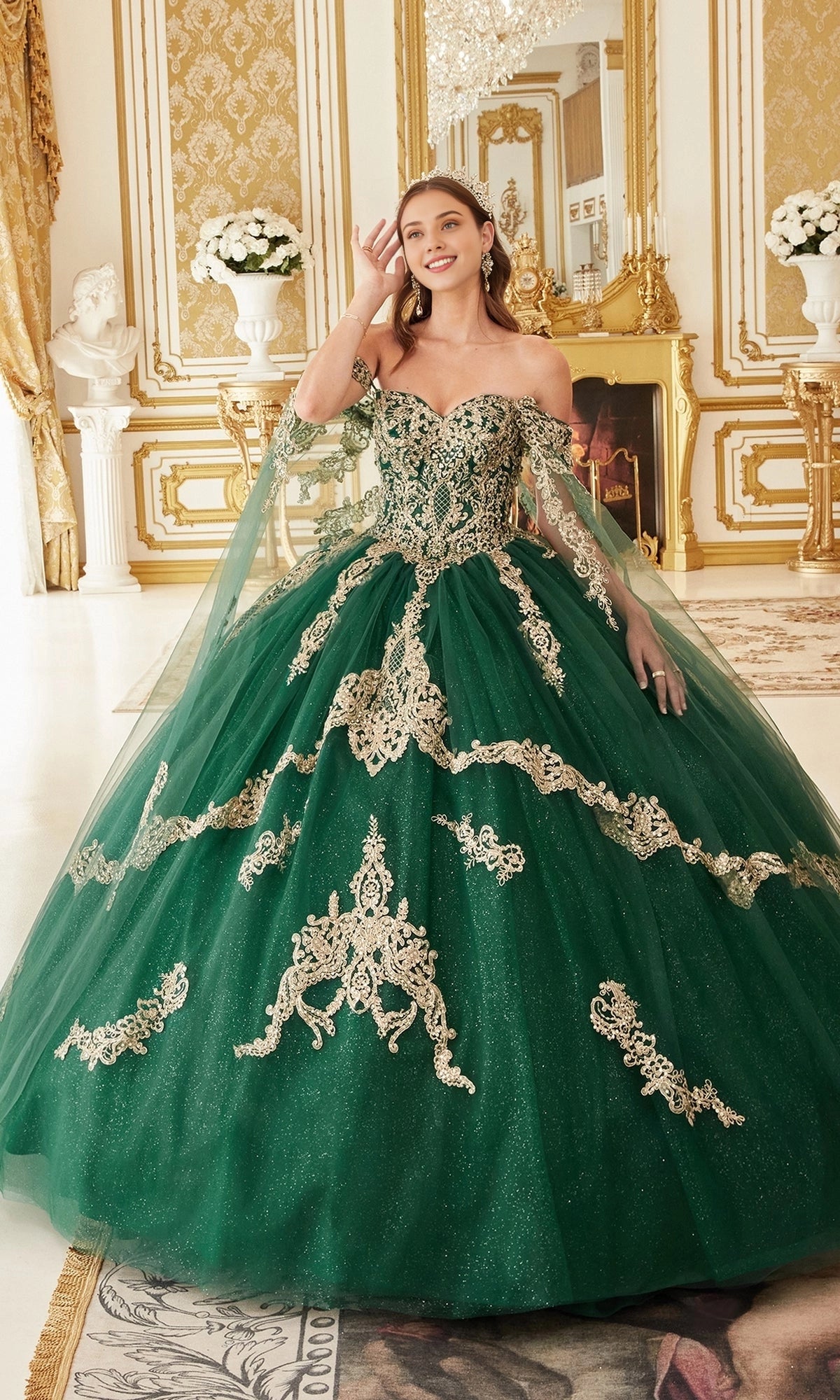 Regal Ball Gown Off‑The‑Shoulder Cape Sleeve Corset Back Train Length Lace Quinceanera Dress