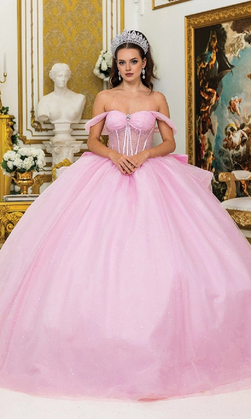 Glitter Ballgown Off‑Shoulder Sweetheart Corset‑Back Floor‑Train‑Length Quinceanera Dress