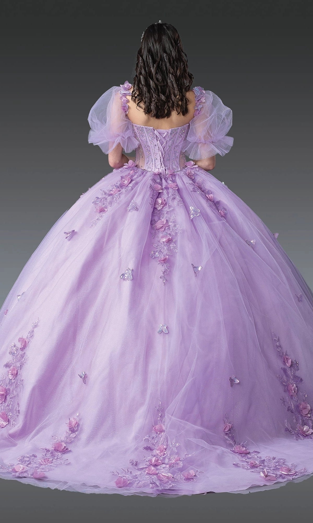 Vedress lavender ball gown quince dress lace‑up corset back detachable puff sleeve 3d flower butterfly tulle train back view
