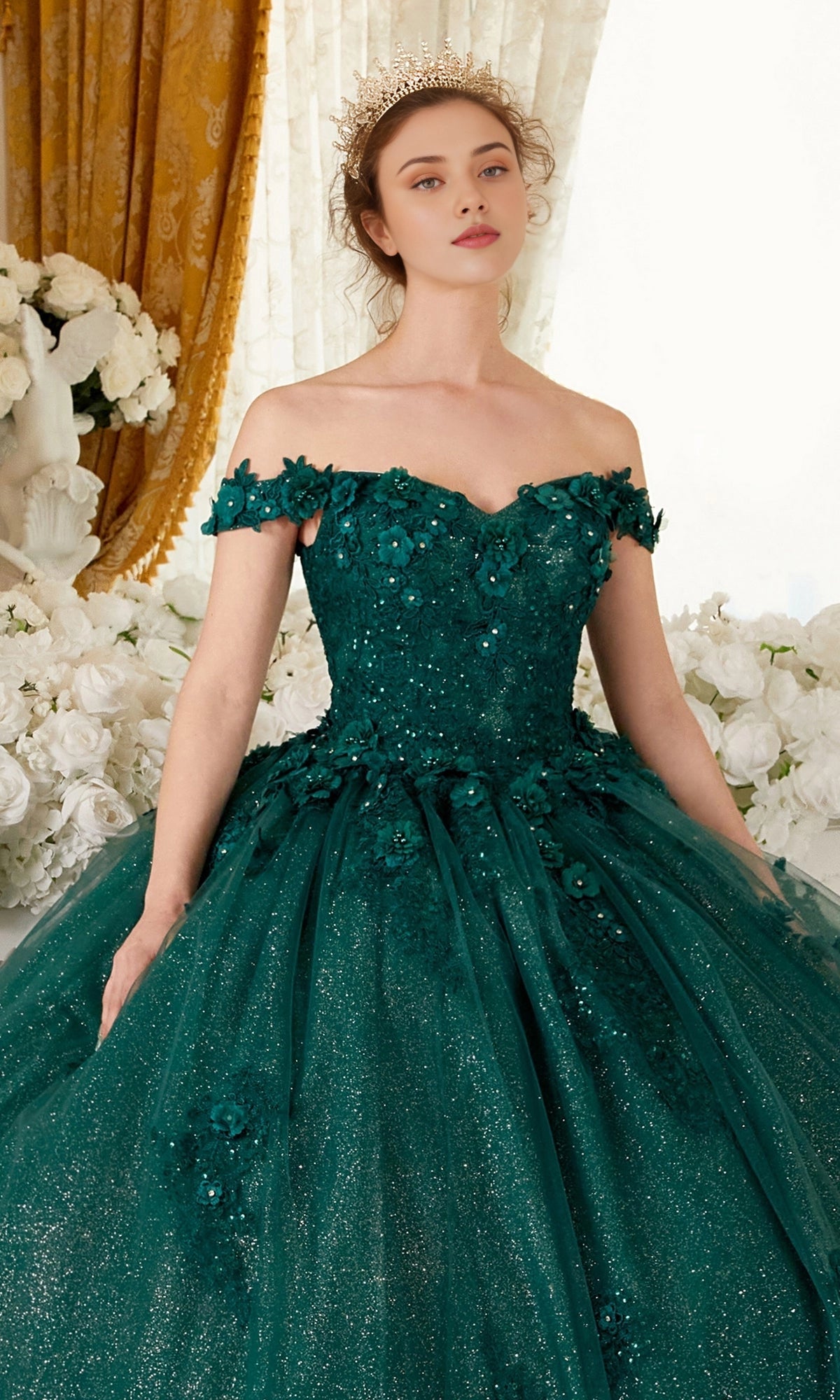 Glitter Ballgown Off‑The‑Shoulder Corset‑Back Floor‑Length Quinceanera Dress