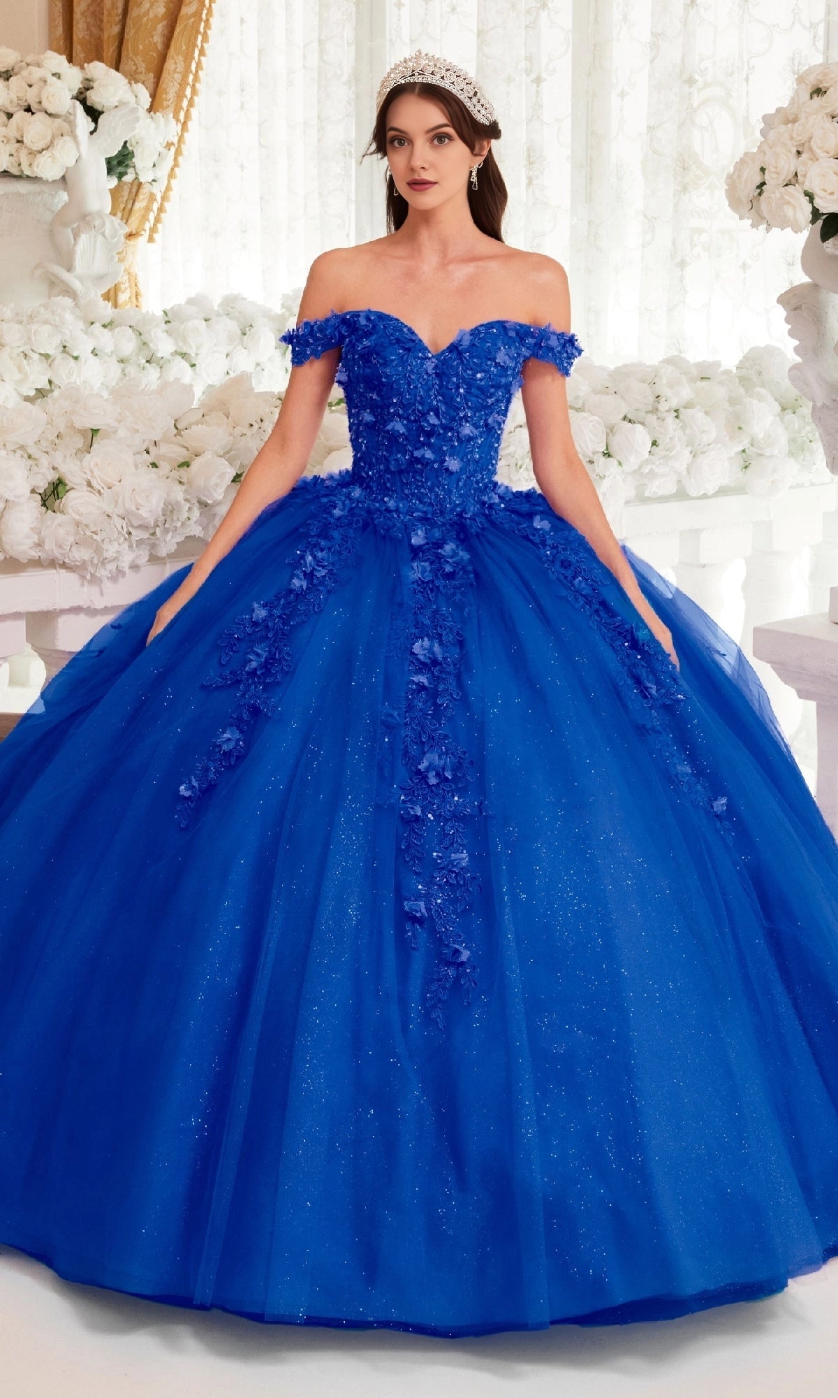Elegant Ball Gown Off‑The‑Shoulder Short Sleeve Corset Back Train Length Floral Quinceanera Dress