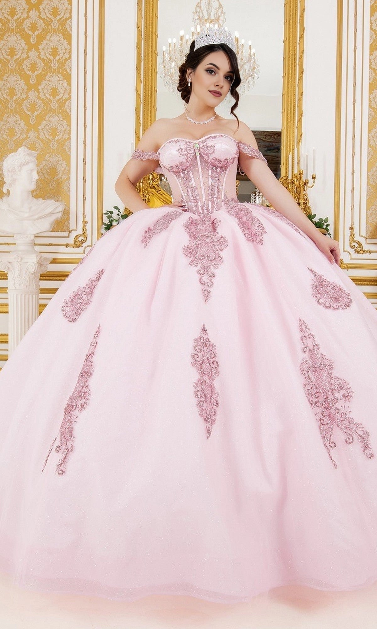 Beaded Ballgown Off‑Shoulder Short‑Sleeve Corset‑Back Floor‑Train‑Length Quinceanera Dress