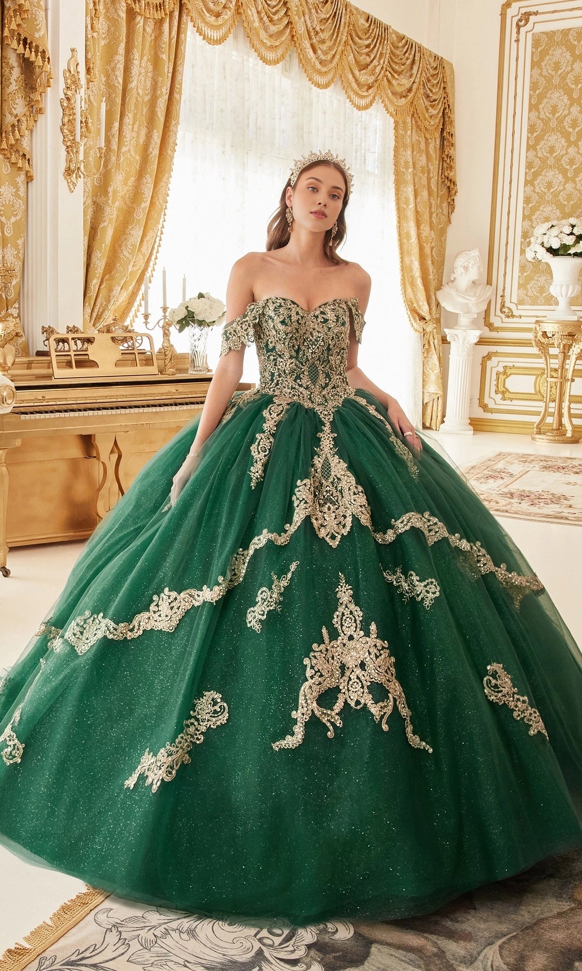 Regal Ball Gown Off‑The‑Shoulder Cape Sleeve Corset Back Train Length Lace Quinceanera Dress
