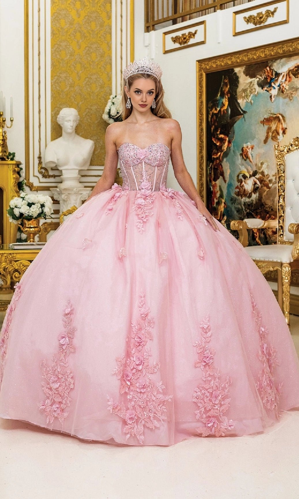Glitter Ball Gown Sweetheart Off Shoulder Detachable Puff Sleeve Lace‑Up Back Floor Length Quinceanera Dress