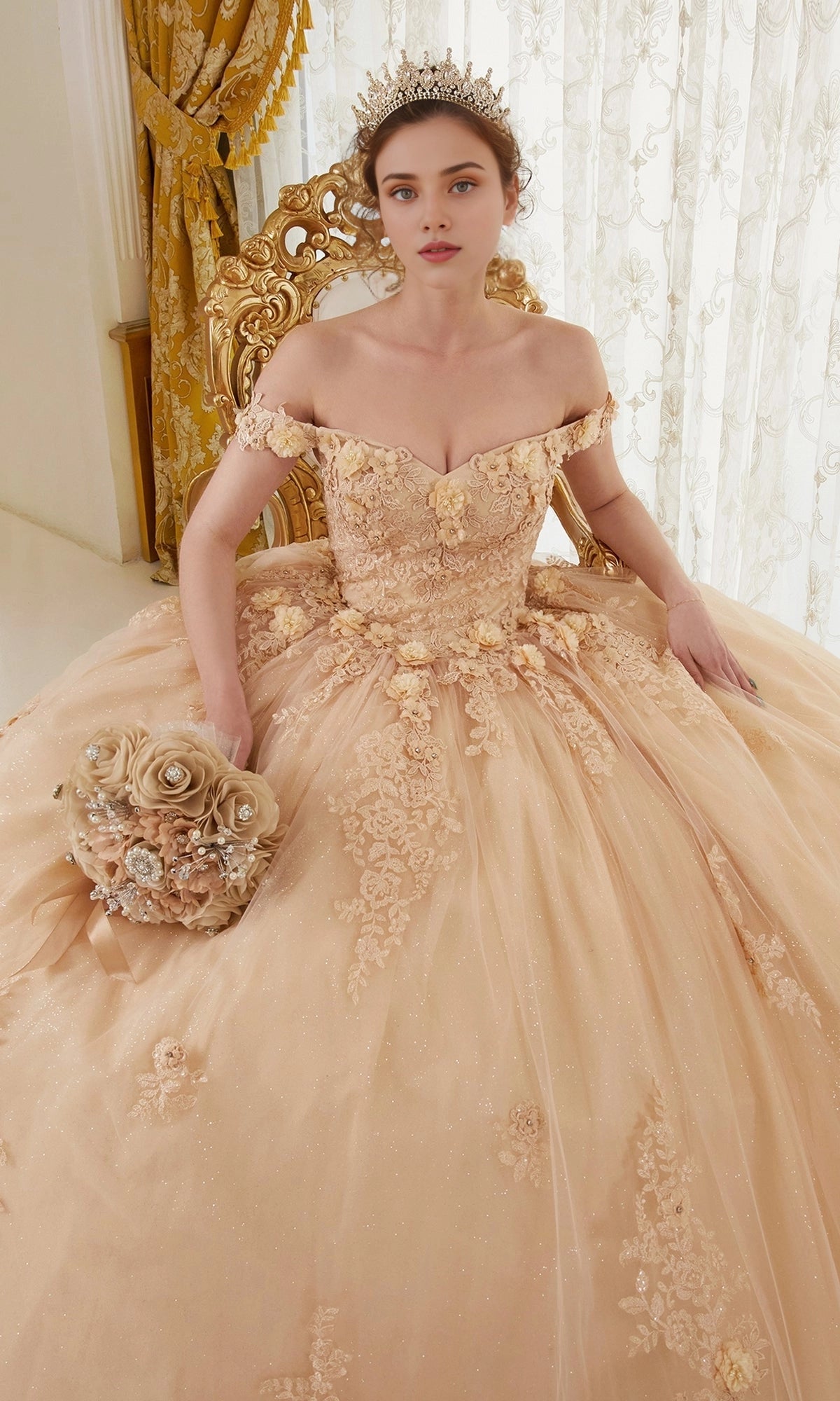 Glitter Ballgown Off‑The‑Shoulder Corset‑Back Floor‑Length Quinceanera Dress