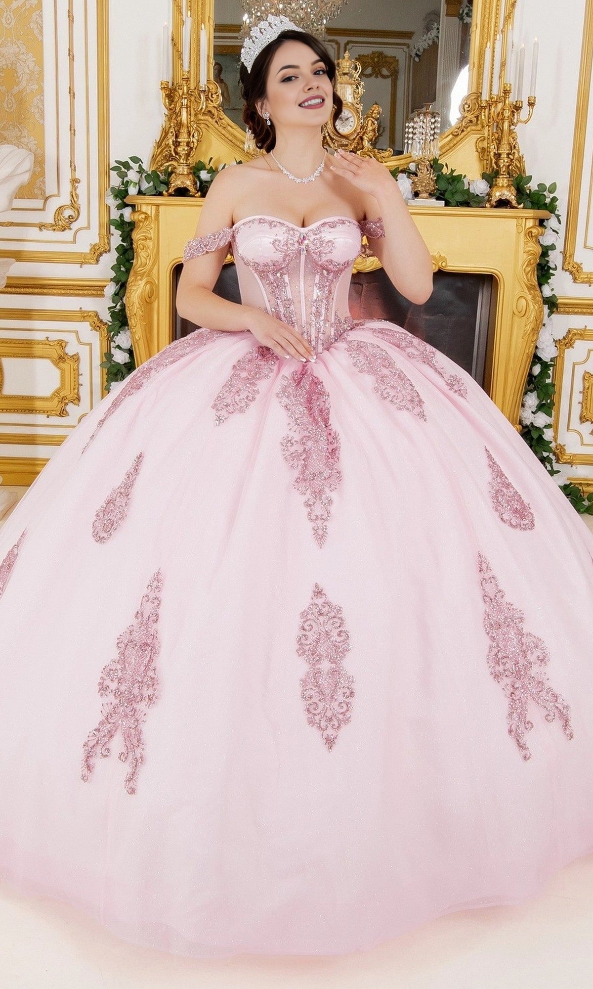 Beaded Ballgown Off‑Shoulder Short‑Sleeve Corset‑Back Floor‑Train‑Length Quinceanera Dress