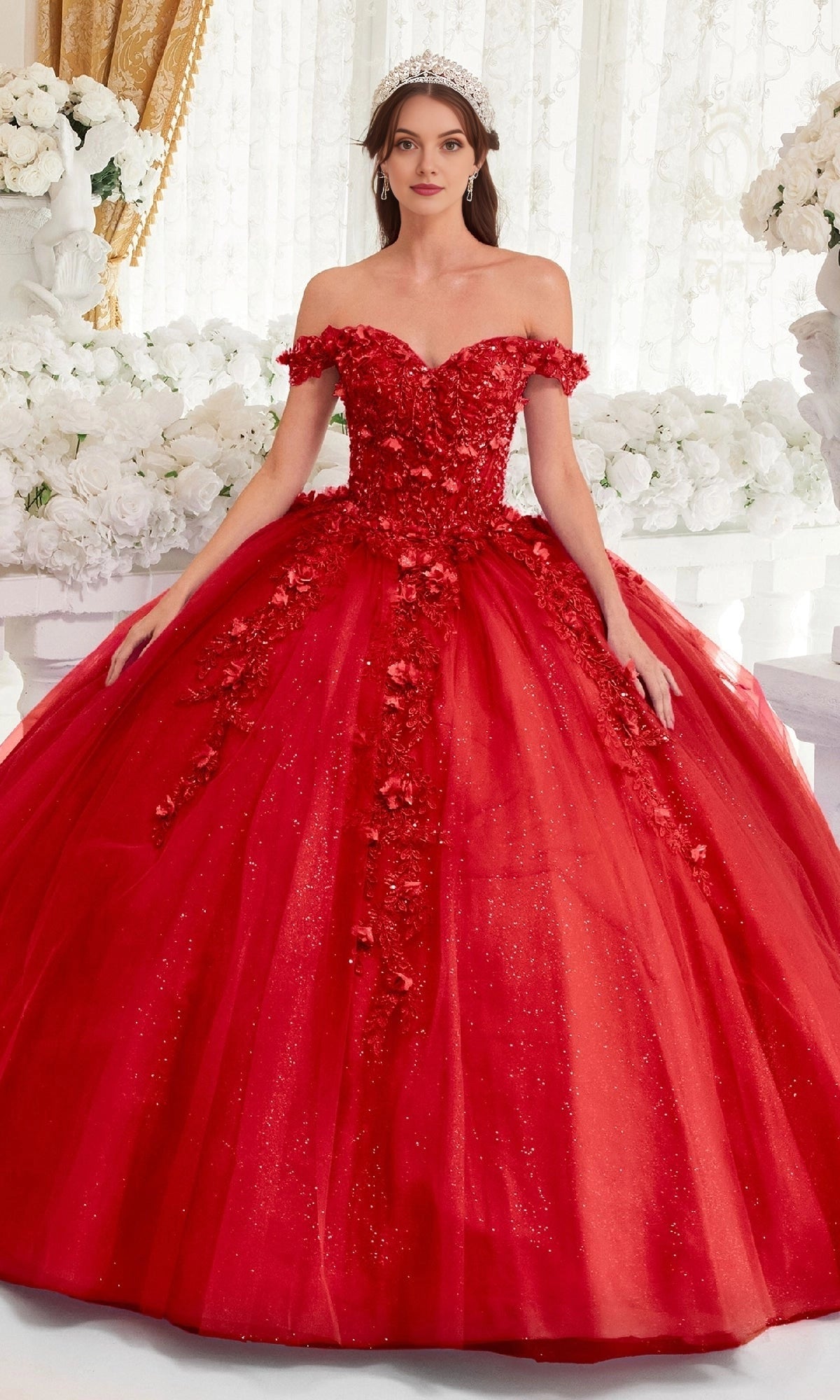 Elegant Ball Gown Off‑The‑Shoulder Short Sleeve Corset Back Train Length Floral Quinceanera Dress
