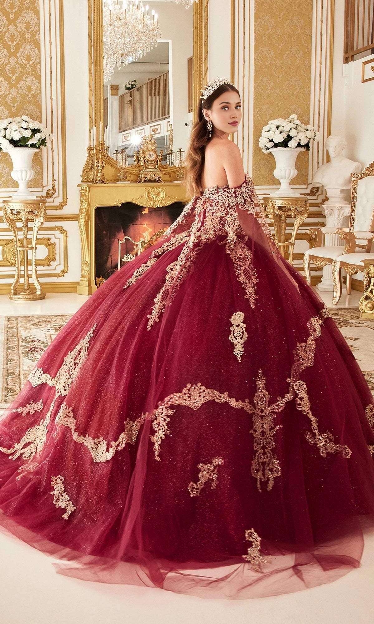 Vedress burgundy glitter tulle quinceanera dress with gold lace appliques and flowing train back view