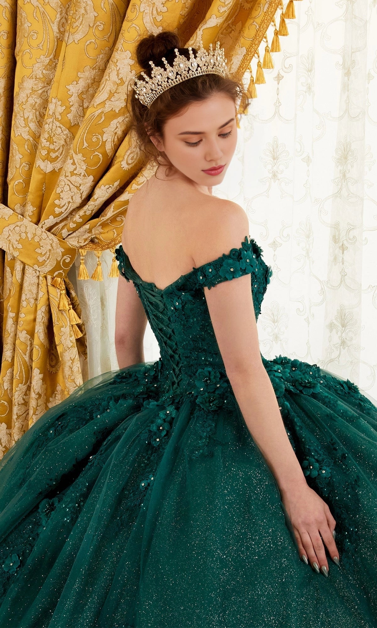 Vedress emerald green quinceanera ball gown lace‑up corset back 3d flower dress back view