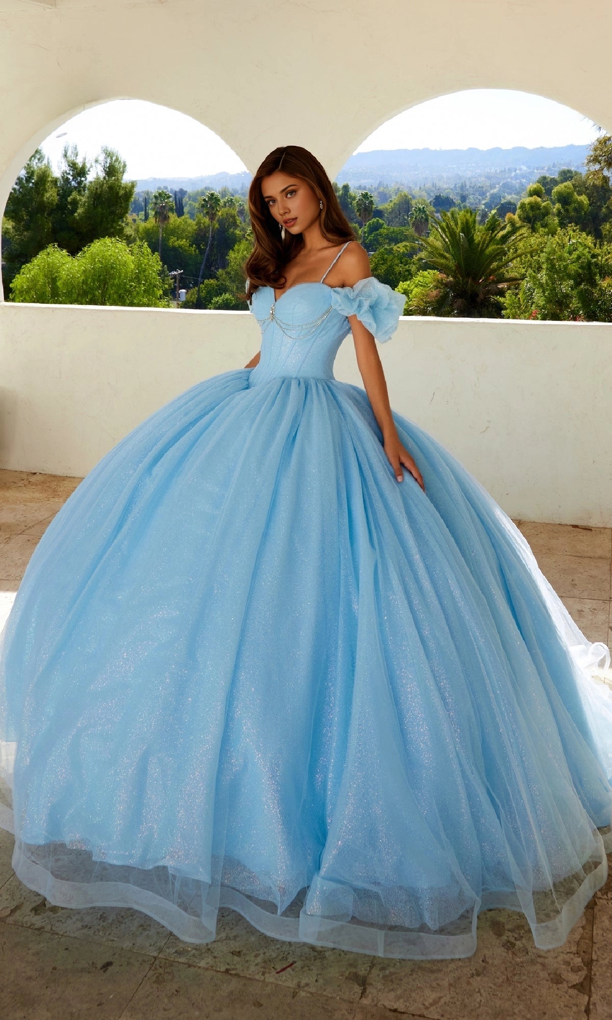 Glitter Ballgown Sweetheart Detachable‑Puff‑Sleeve Corset‑Back Floor‑Length Quinceanera Dress