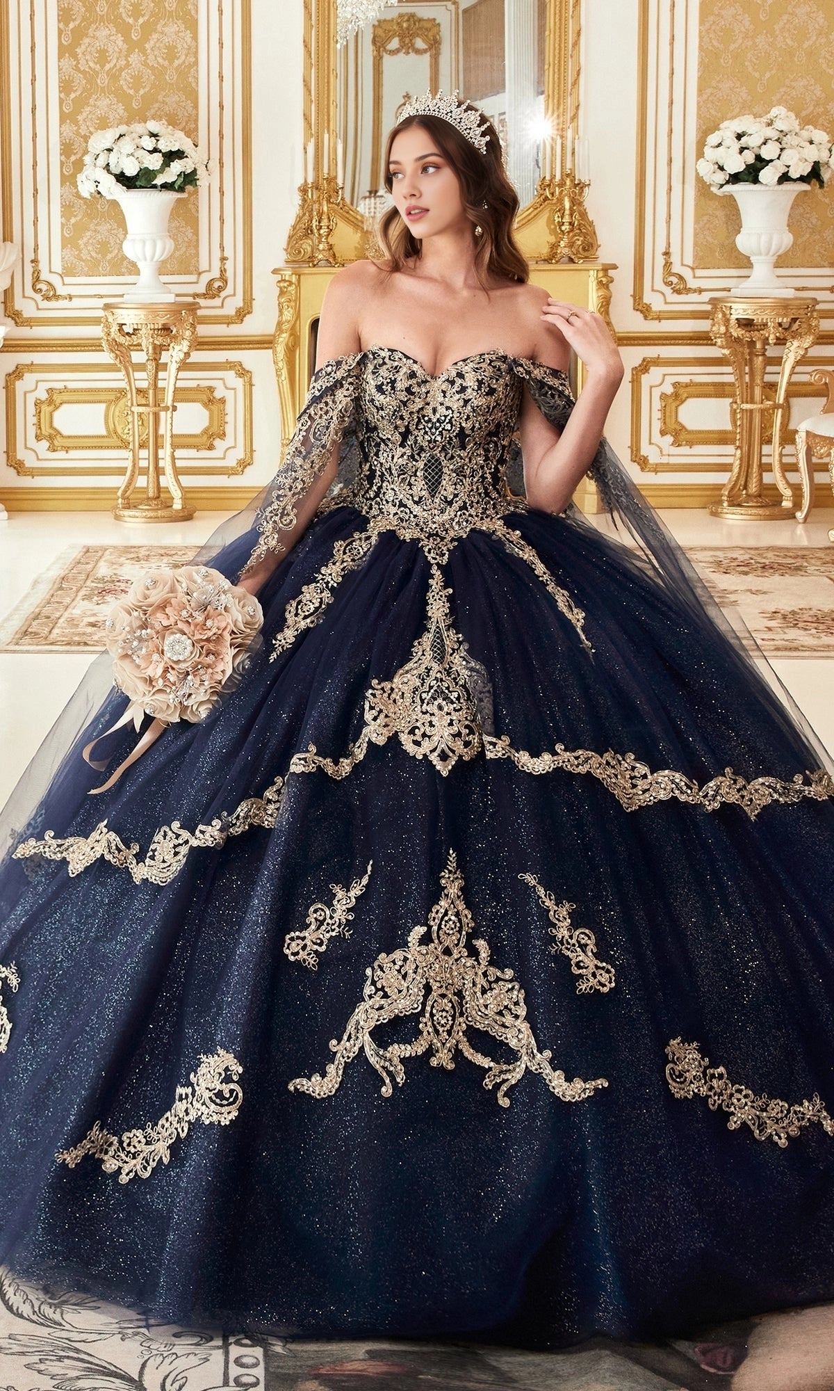 Regal Ball Gown Off‑The‑Shoulder Cape Sleeve Corset Back Train Length Lace Quinceanera Dress