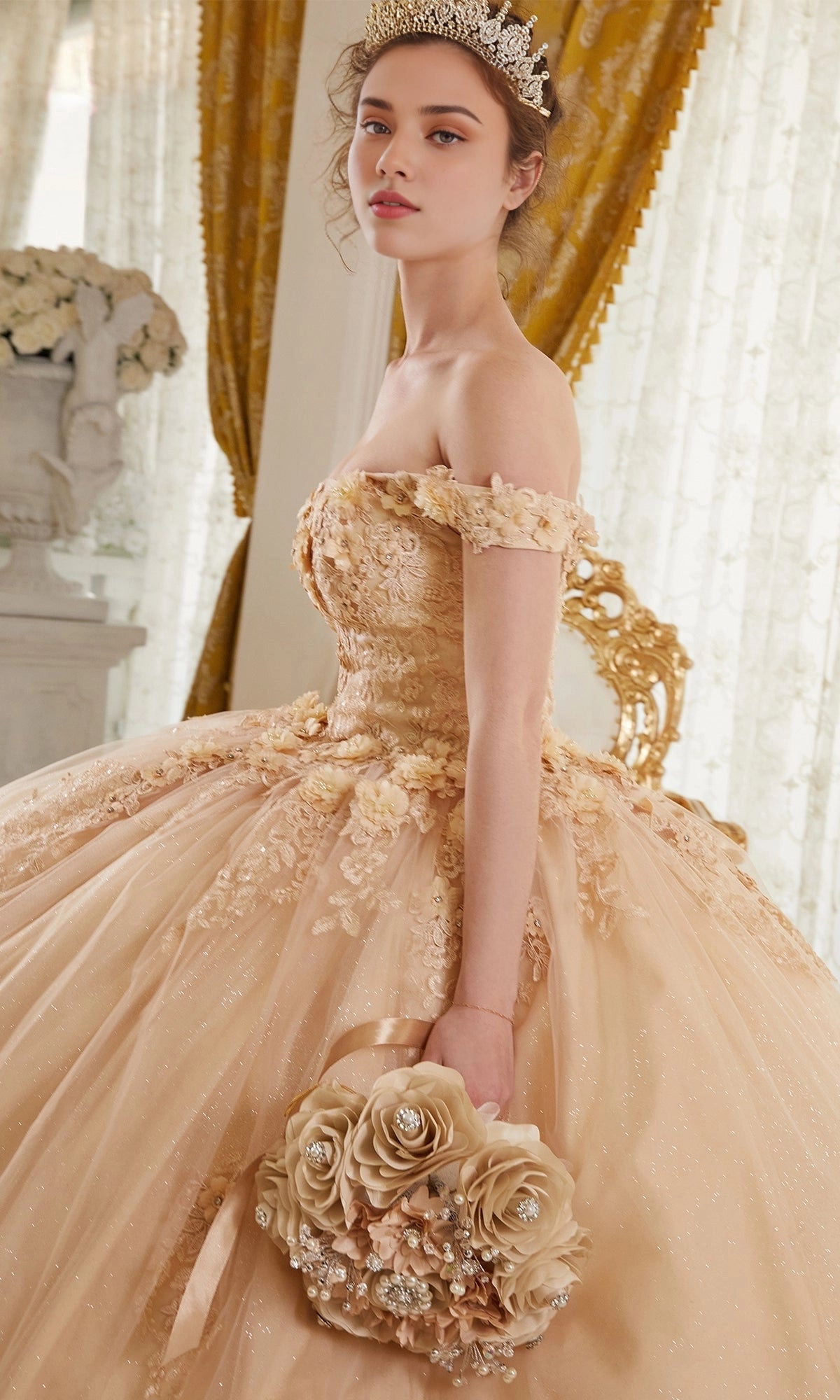 Glitter Ballgown Off‑The‑Shoulder Corset‑Back Floor‑Length Quinceanera Dress