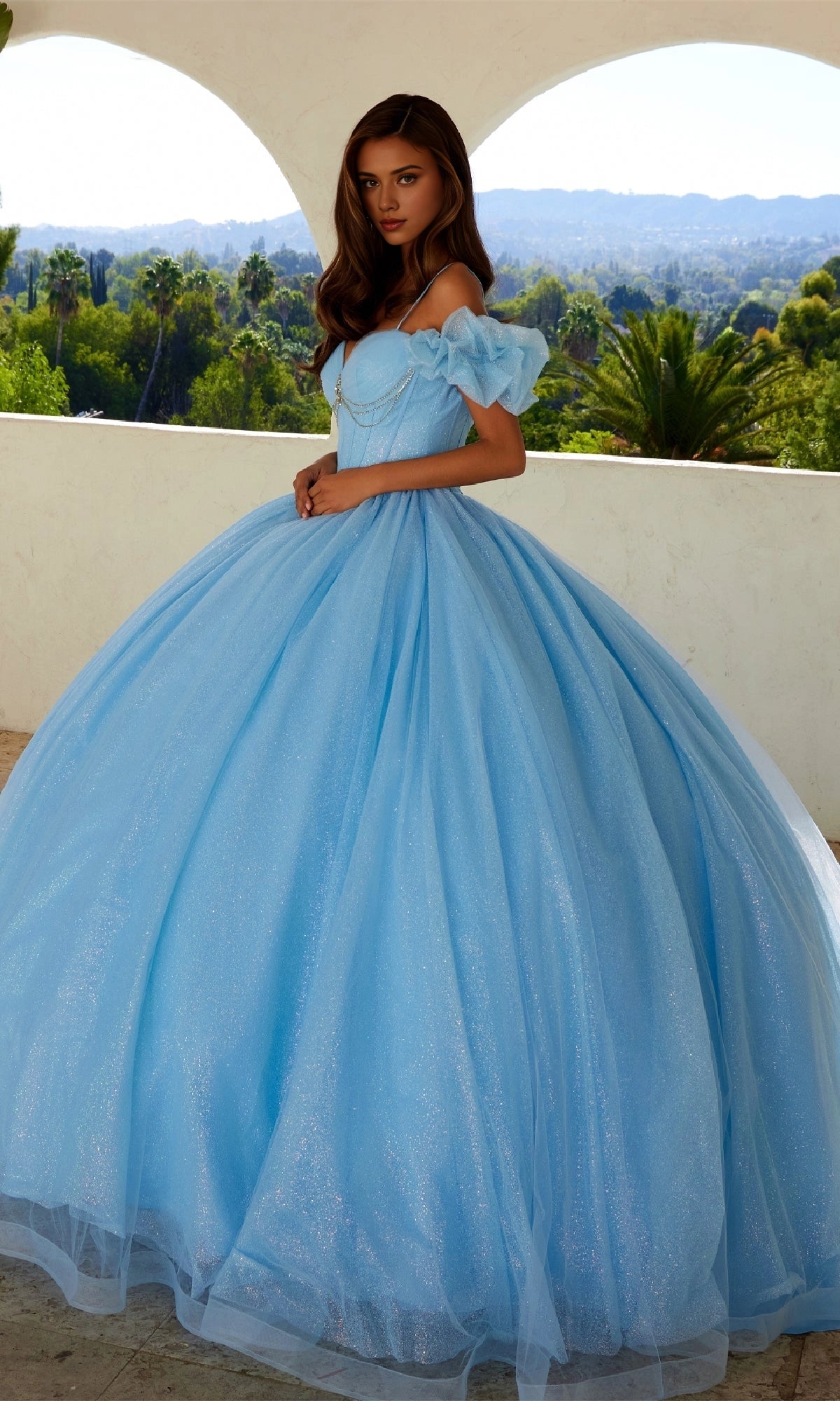 Glitter Ballgown Sweetheart Detachable‑Puff‑Sleeve Corset‑Back Floor‑Length Quinceanera Dress