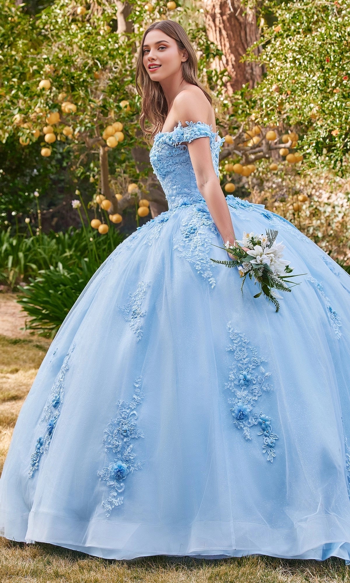 Glitter Ballgown Off‑The‑Shoulder Corset‑Back Floor‑Length Quinceanera Dress