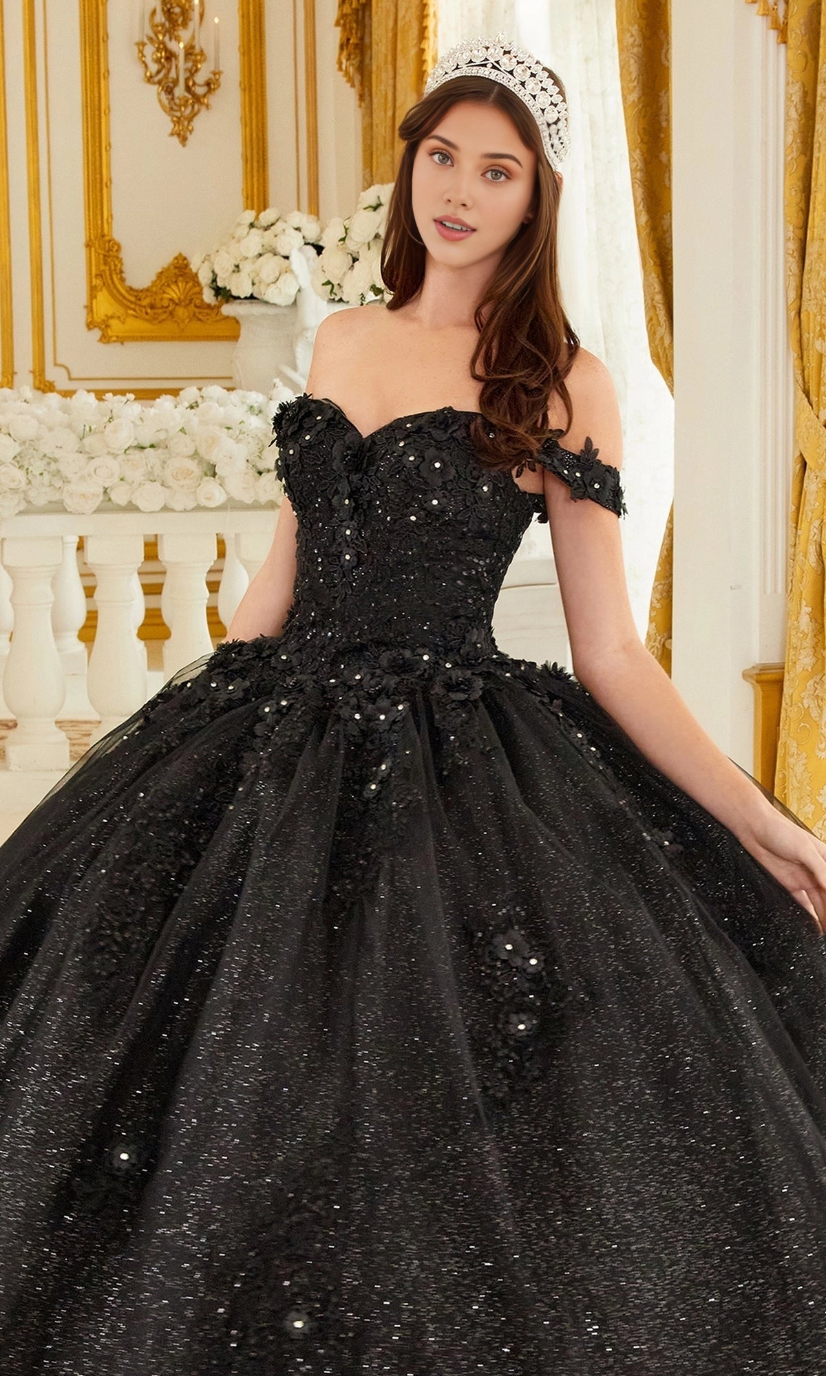 Glitter Ballgown Off‑The‑Shoulder Corset‑Back Floor‑Length Quinceanera Dress