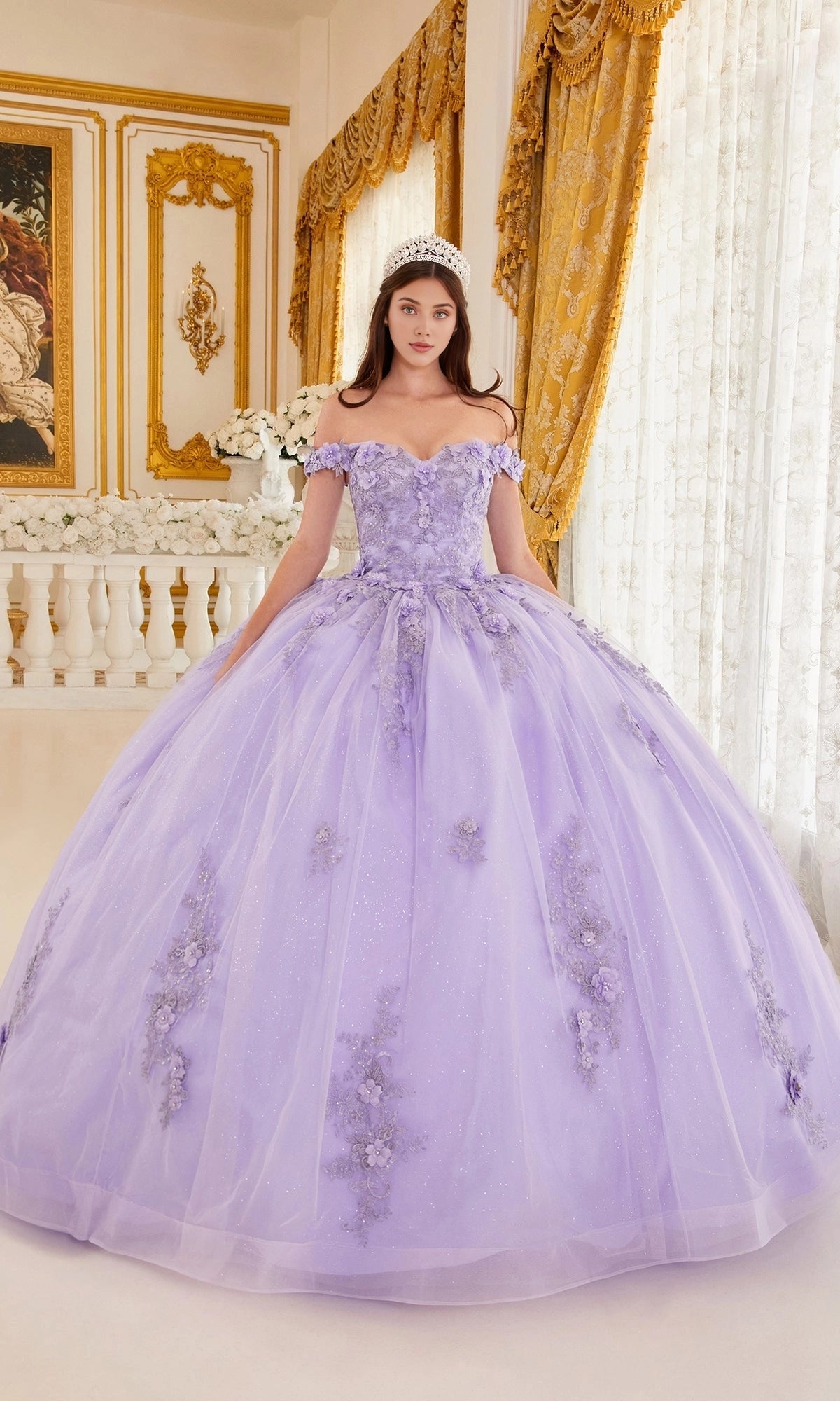 Glitter Ballgown Off‑The‑Shoulder Corset‑Back Floor‑Length Quinceanera Dress