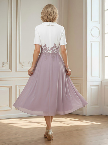 Dusk V-Neck Short Sleeve Dress Lace Applique Chiffon Midi Mother of the Bride Wedding Gown