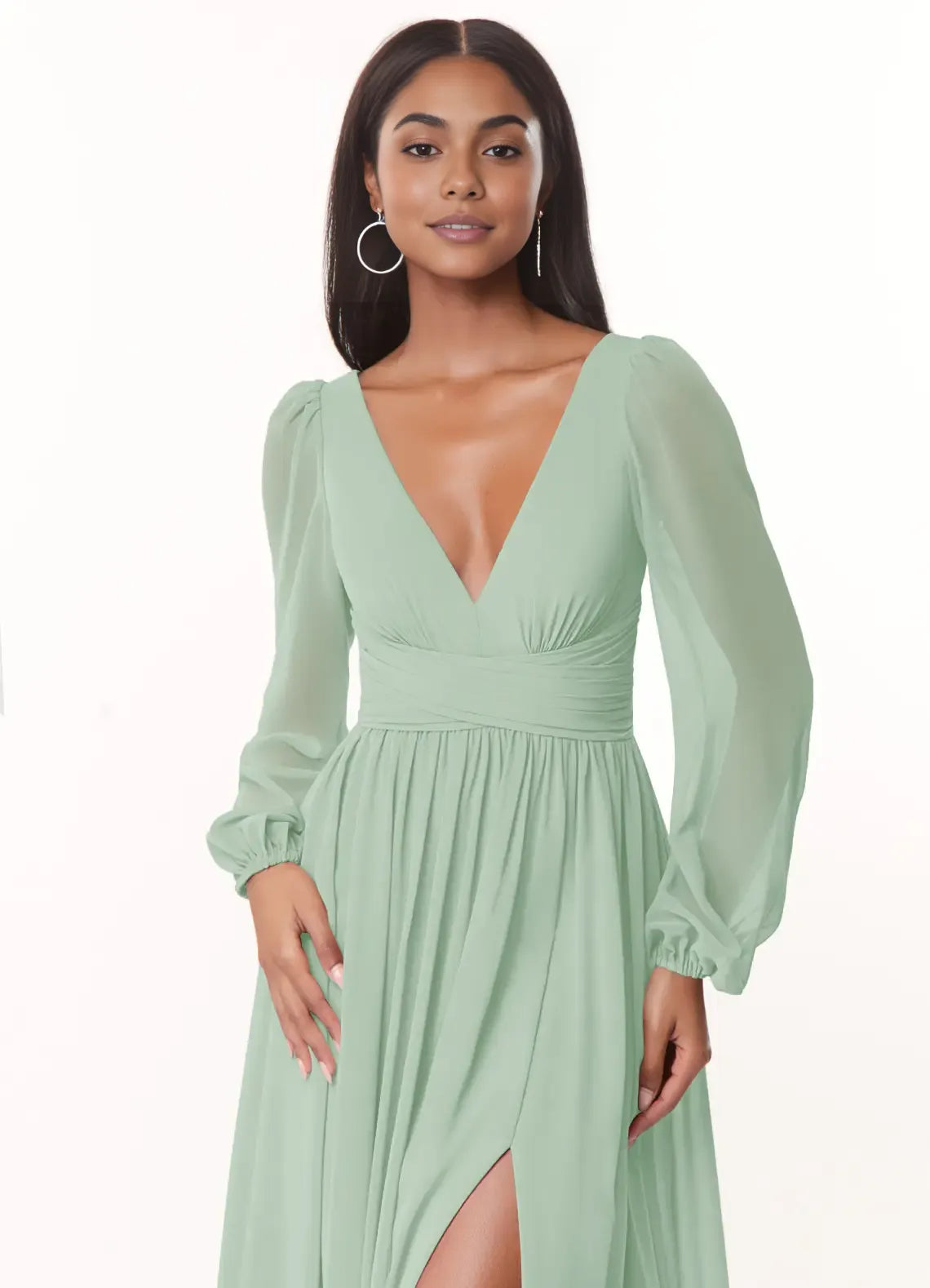 A-Line/Princess Chiffon Plunging Neck Long Sleeves Bridesmaid Dresses Wedding Guest Dresses With Slit