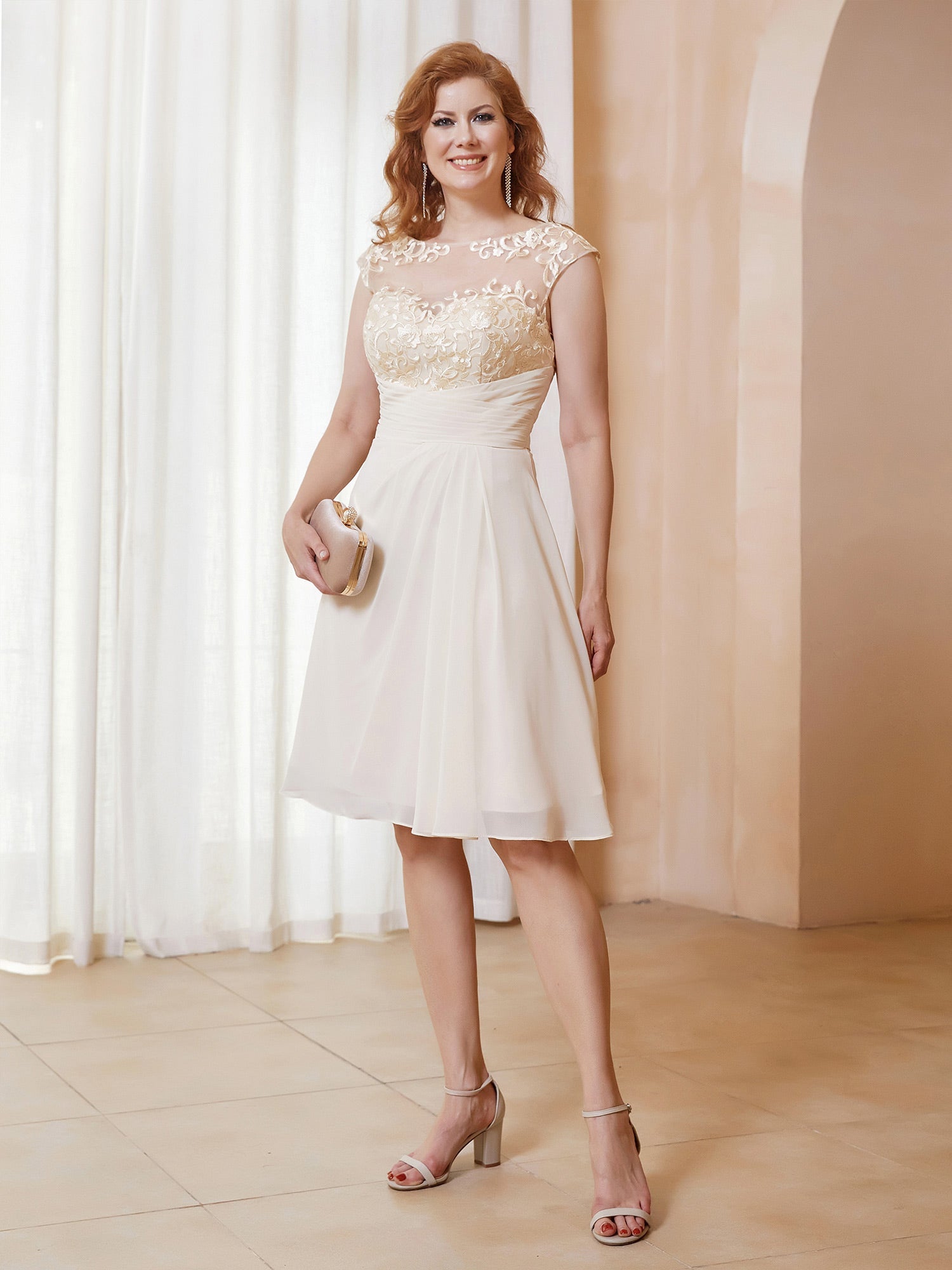 Champagne Sheer Lace Neckline Dress Ruched Waist Chiffon Midi Mother of the Bride Formal Gown