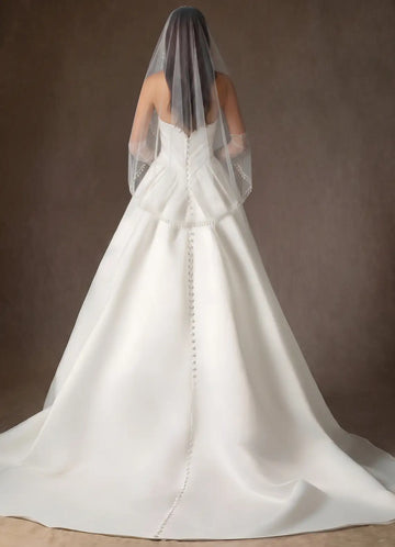 Elegant Sheer Tulle Pearl Beaded Two-Tier Hip Length Bridal Wedding Veil