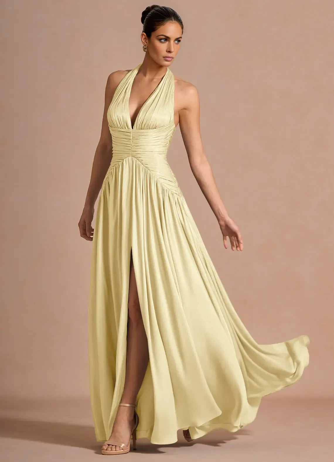 Elegant A-line Halter Sleeveless Maxi Lace-up Slit Formal Wedding Guest Dress