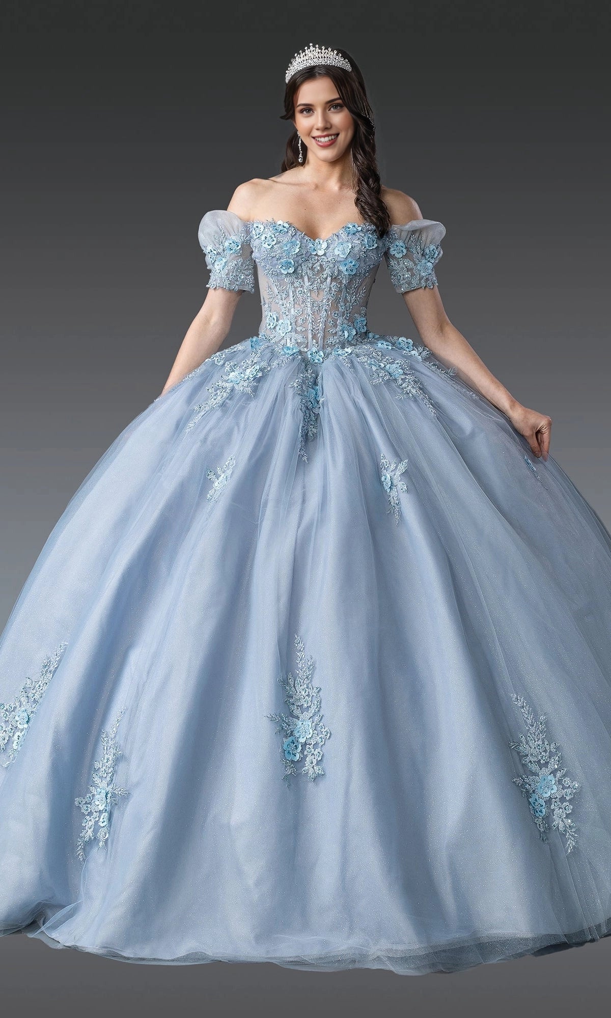 Floral Ballgown Off‑Shoulder Puff Short Sleeve Sheer‑Corset‑Back Floor‑Length Quinceanera Dress