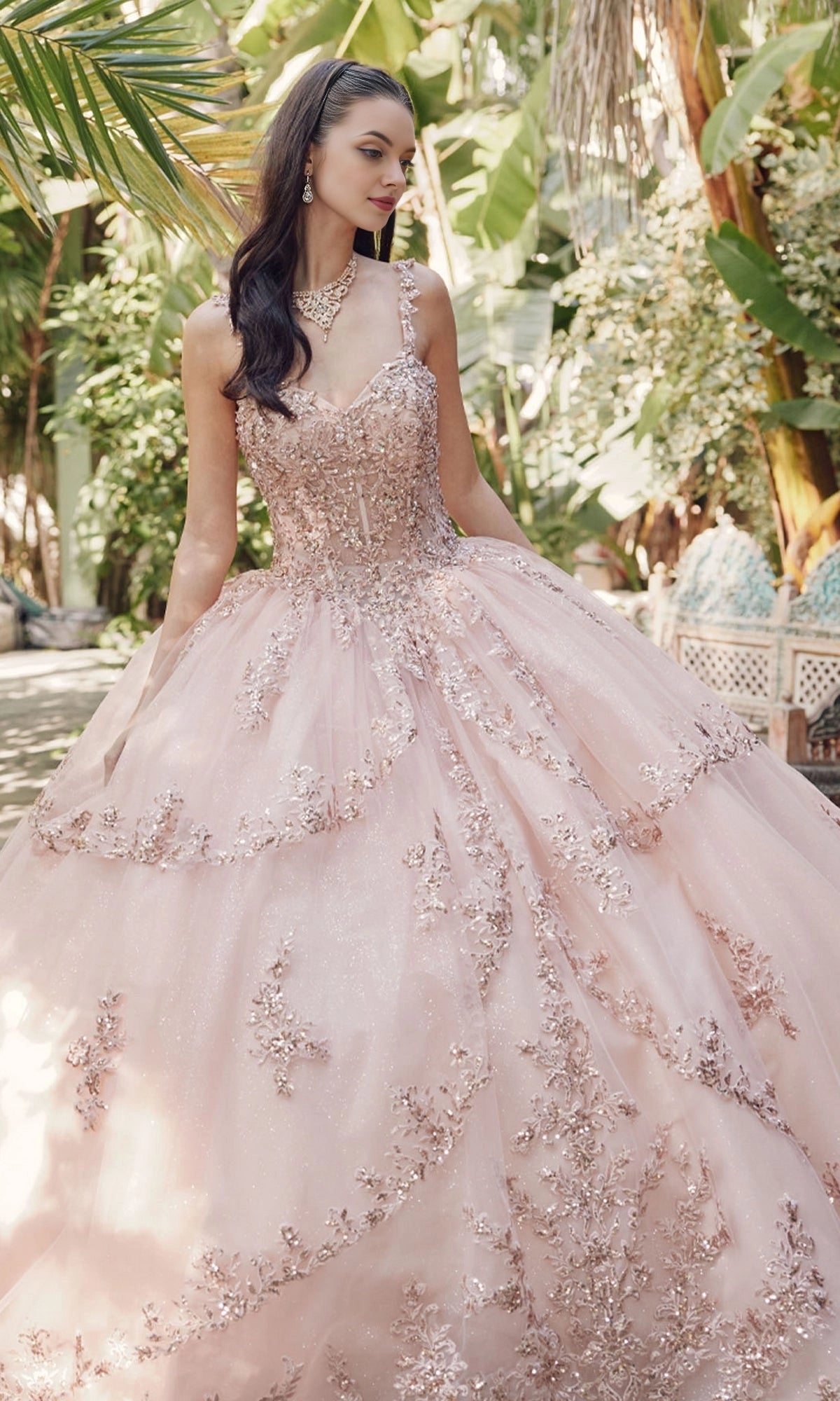 Lace Ballgown Spaghetti‑Strap Sweetheart Corset‑Back Floor‑Train‑Length Quinceanera Dress