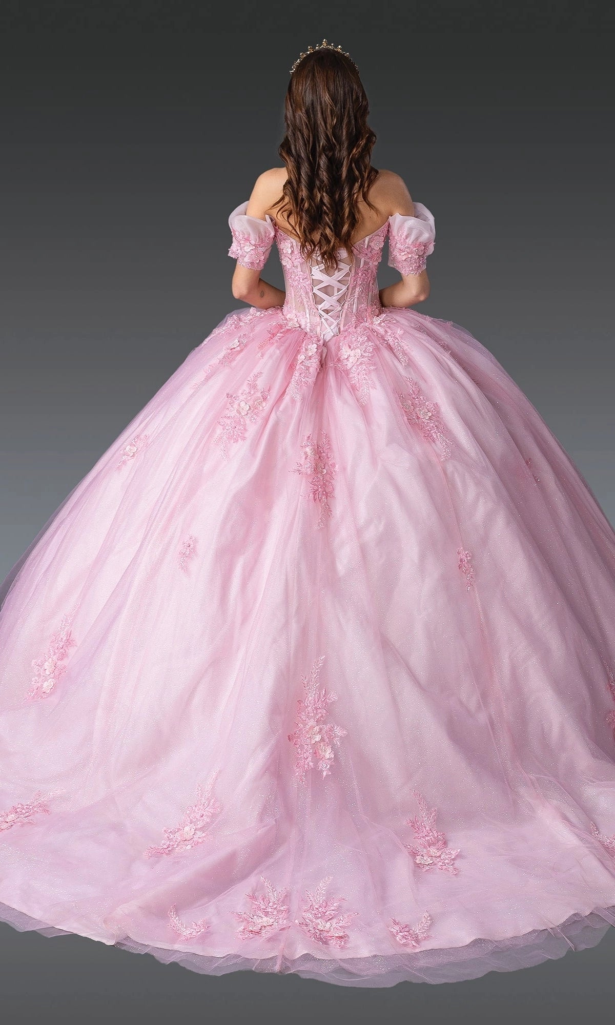 Vedress pink quinceanera ball gown sheer lace‑up corset back floor length dress back view