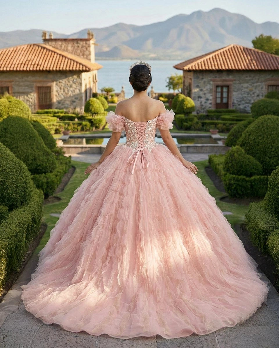 Vedress blush pink off shoulder quinceañera dress lace-up corset back tiered tulle ballgown back view