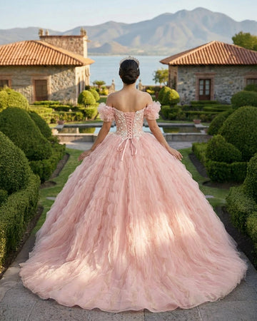 Vedress blush pink off shoulder quinceañera dress lace-up corset back tiered tulle ballgown back view