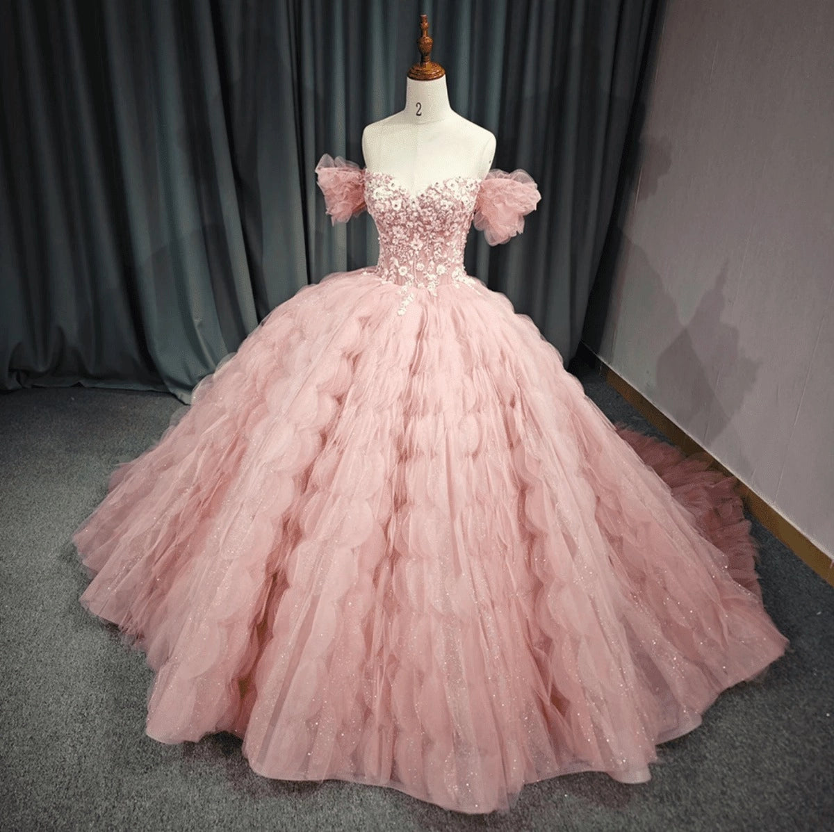Blush Pink Off Shoulder Ruffle Tiered Lace Up Back Quinceañera Dress