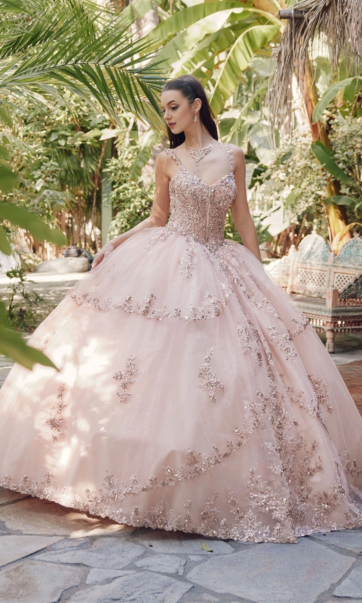 Lace Ballgown Spaghetti‑Strap Sweetheart Corset‑Back Floor‑Train‑Length Quinceanera Dress