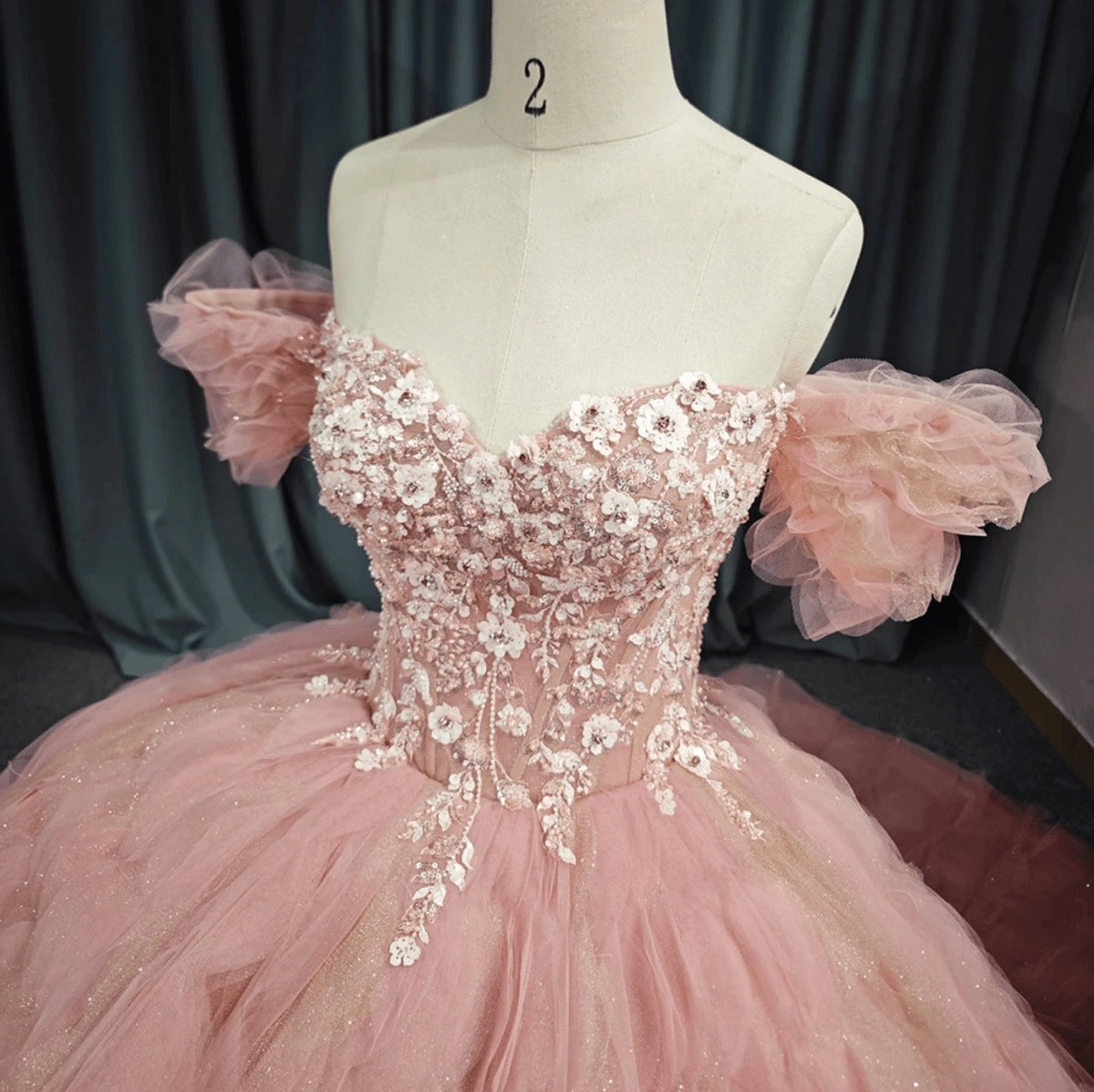 Blush Pink Off Shoulder Ruffle Tiered Lace Up Back Quinceañera Dress