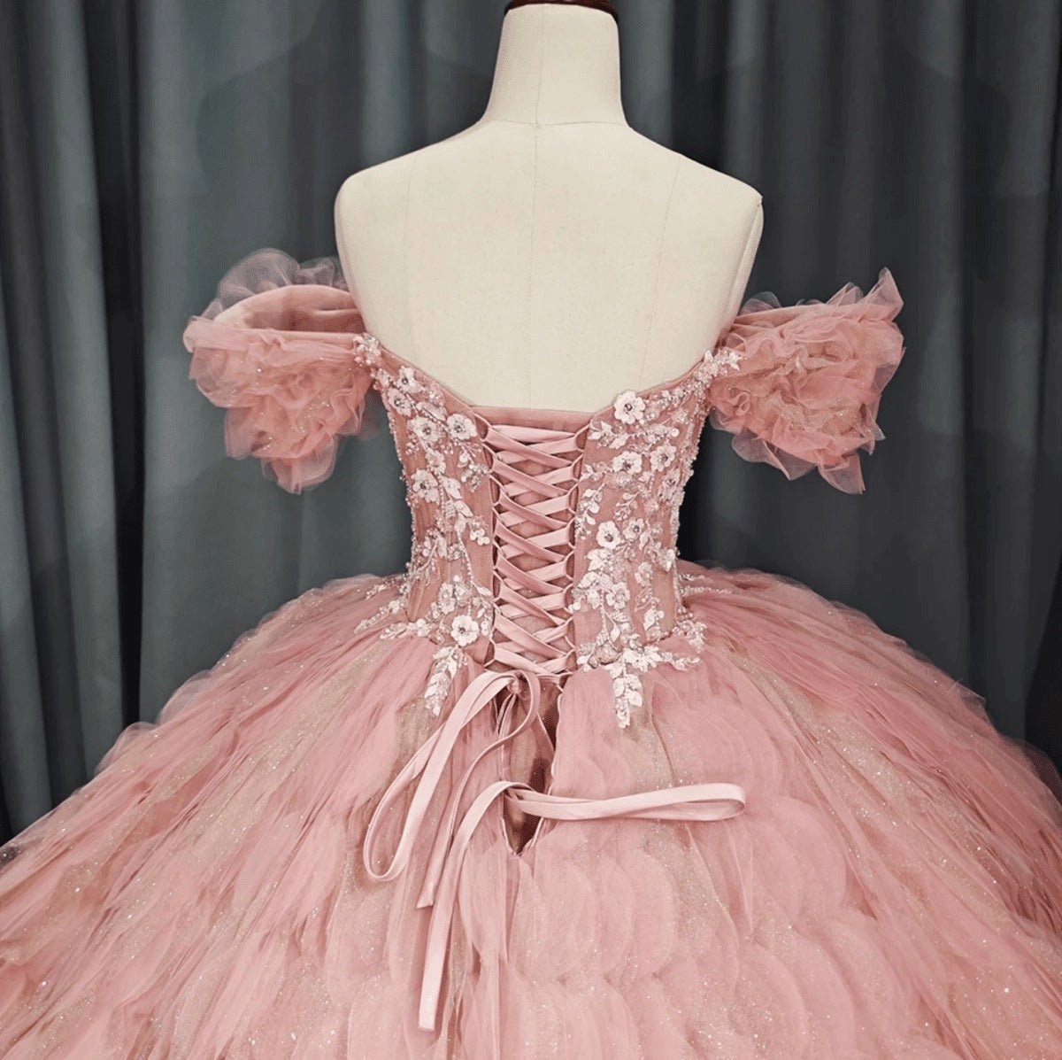 Blush Pink Off Shoulder Ruffle Tiered Lace Up Back Quinceañera Dress