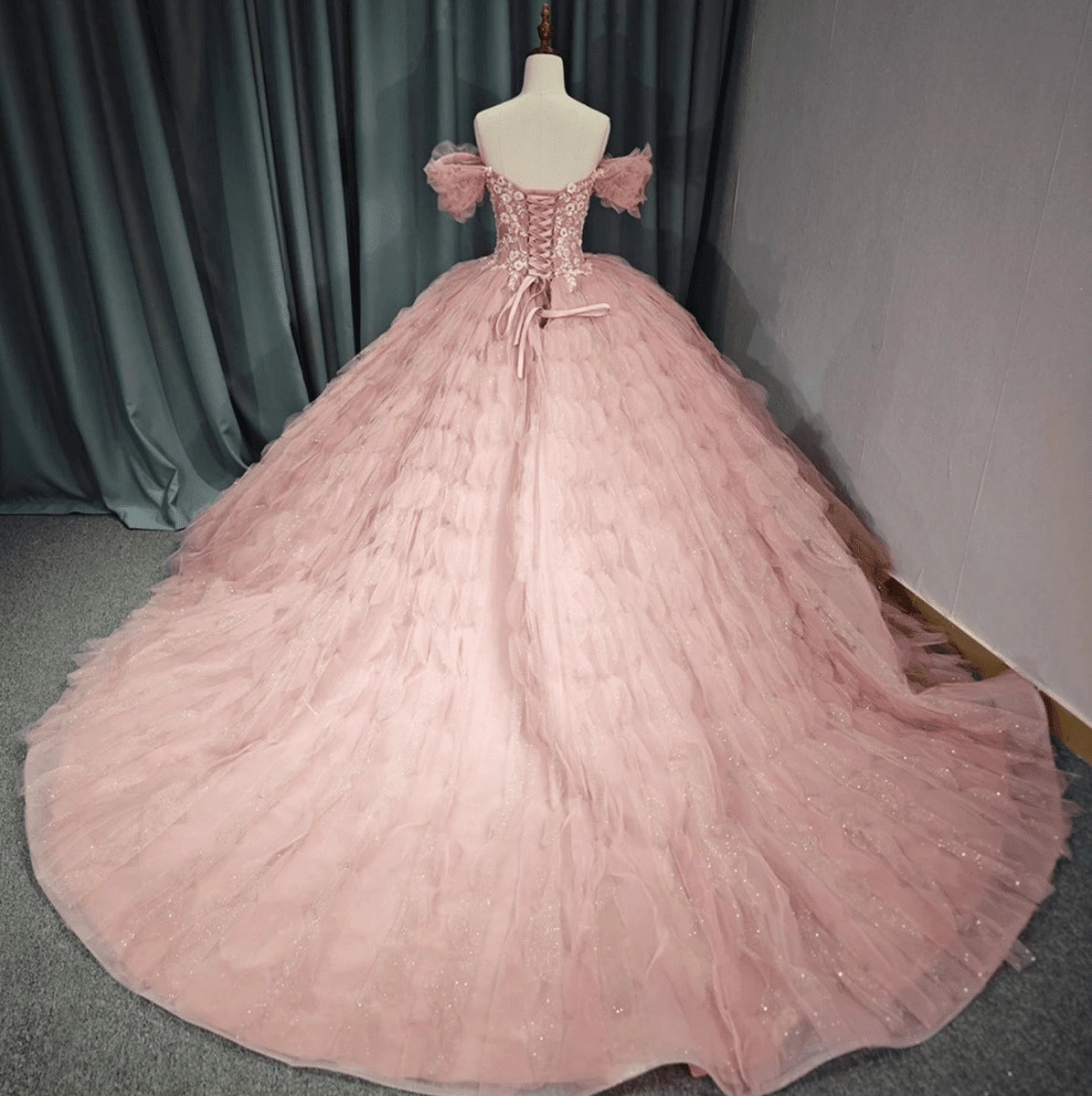 Blush Pink Off Shoulder Ruffle Tiered Lace Up Back Quinceañera Dress
