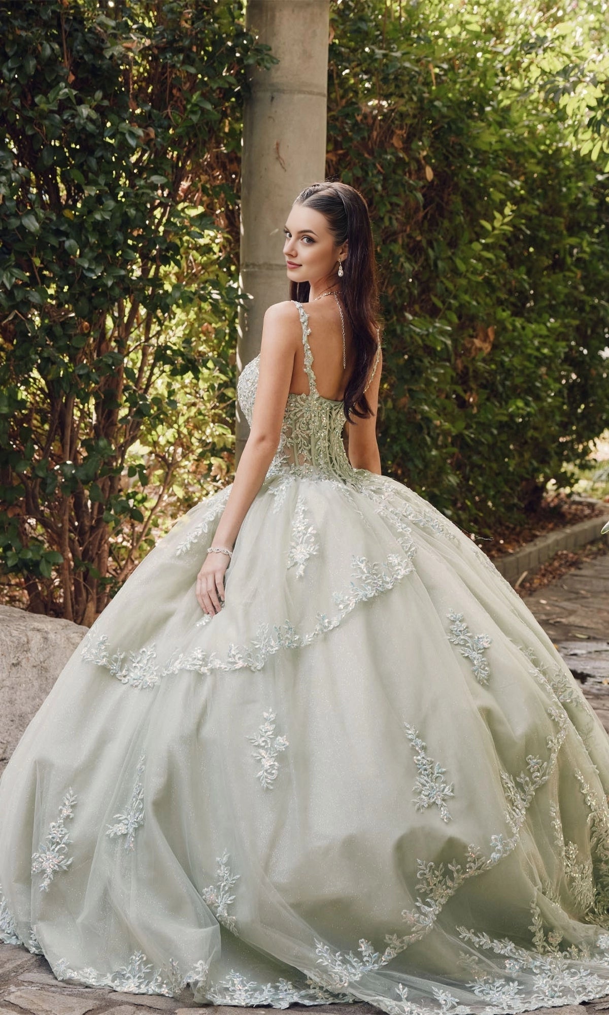 Vedress sage green quinceanera ball gown lace‑up corset back floor train dress back view