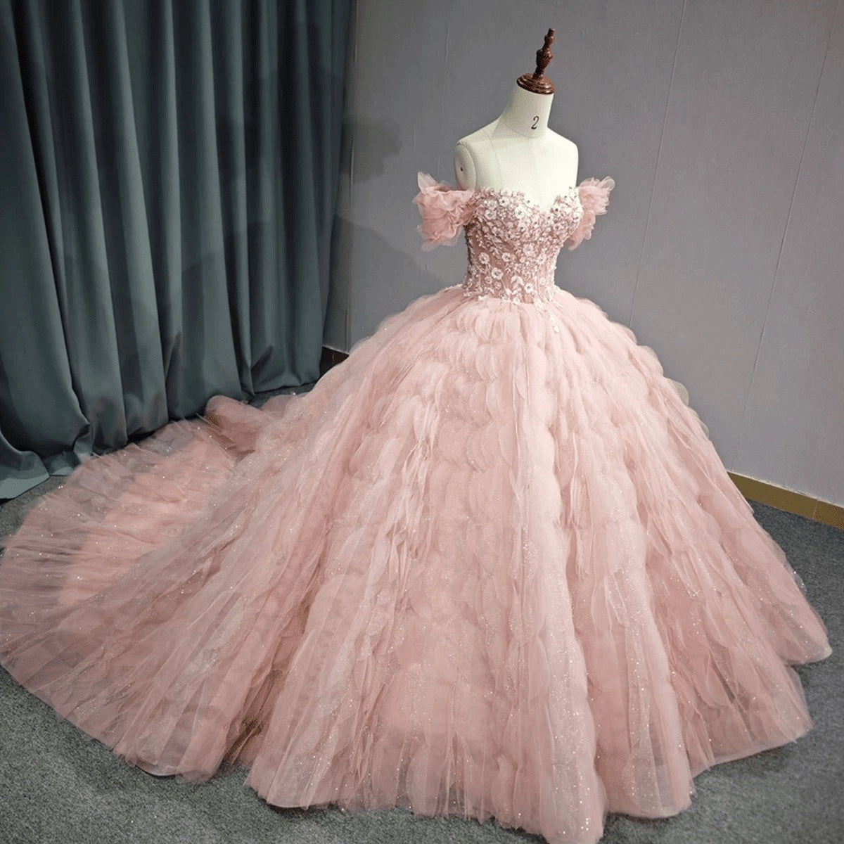 Blush Pink Off Shoulder Ruffle Tiered Lace Up Back Quinceañera Dress