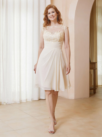Champagne Sheer Lace Neckline Dress Ruched Waist Chiffon Midi Mother of the Bride Formal Gown