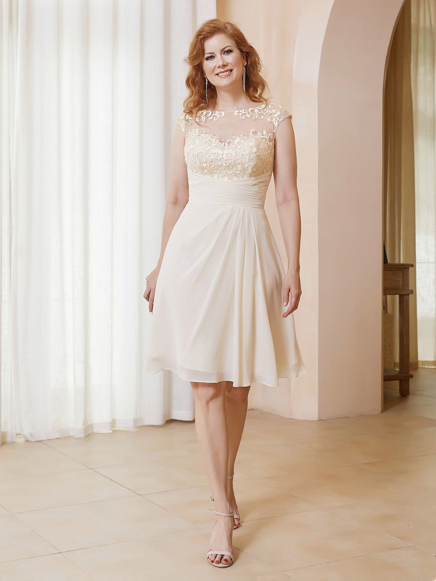 Champagne Sheer Lace Neckline Dress Ruched Waist Chiffon Midi Mother of the Bride Formal Gown