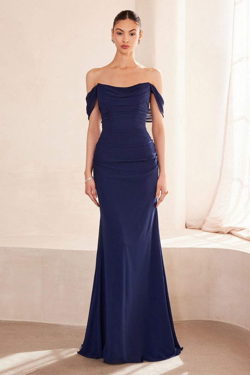 Prom Dress Off-the-Shoulder Draped Ruched Bodice Mermaid Gown - Sleek Formal Evening Dress