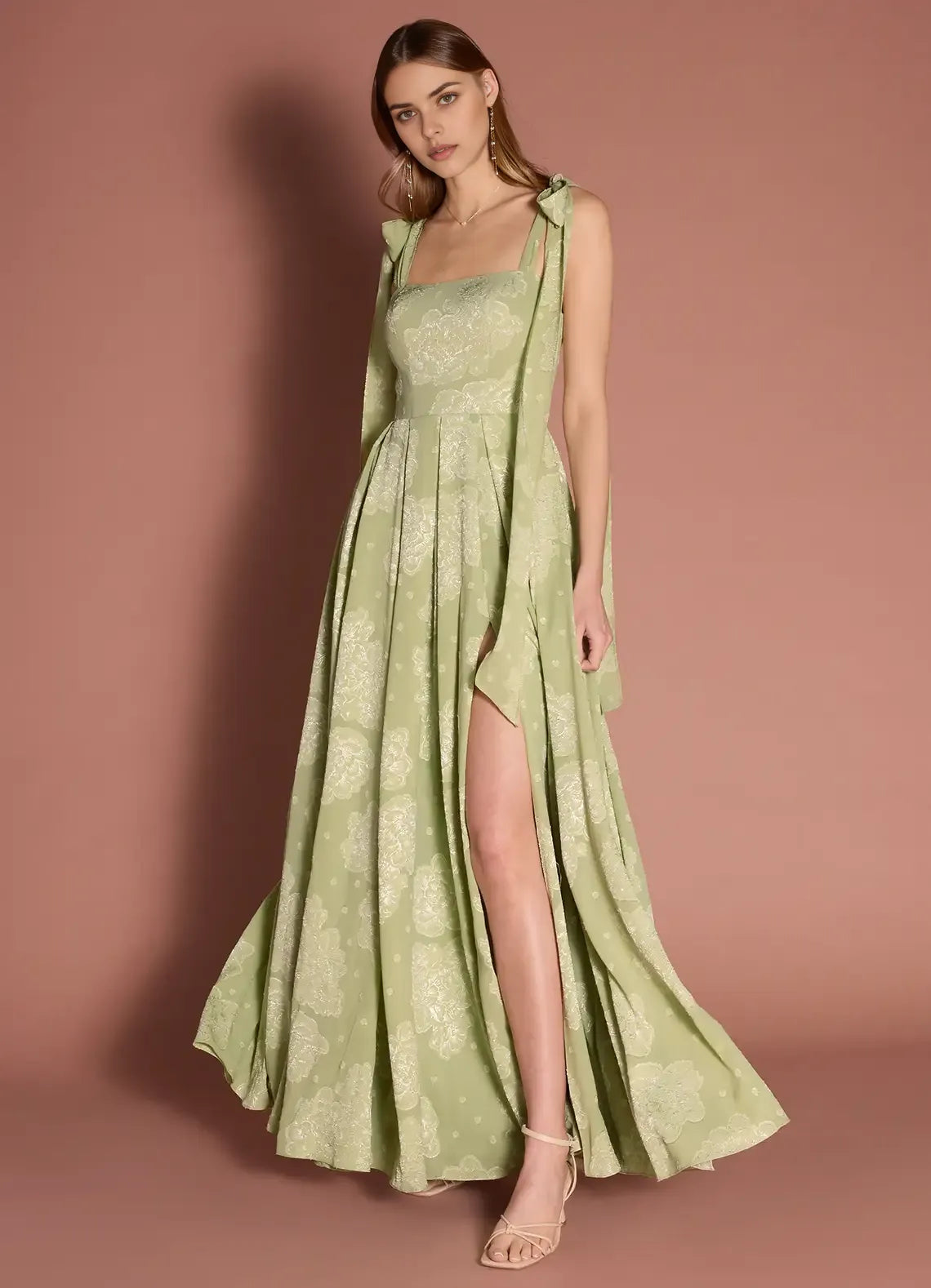 Elegant A-line Square Neck Sleeveless Jacquard Maxi Tie Slit Wedding Guest Dress