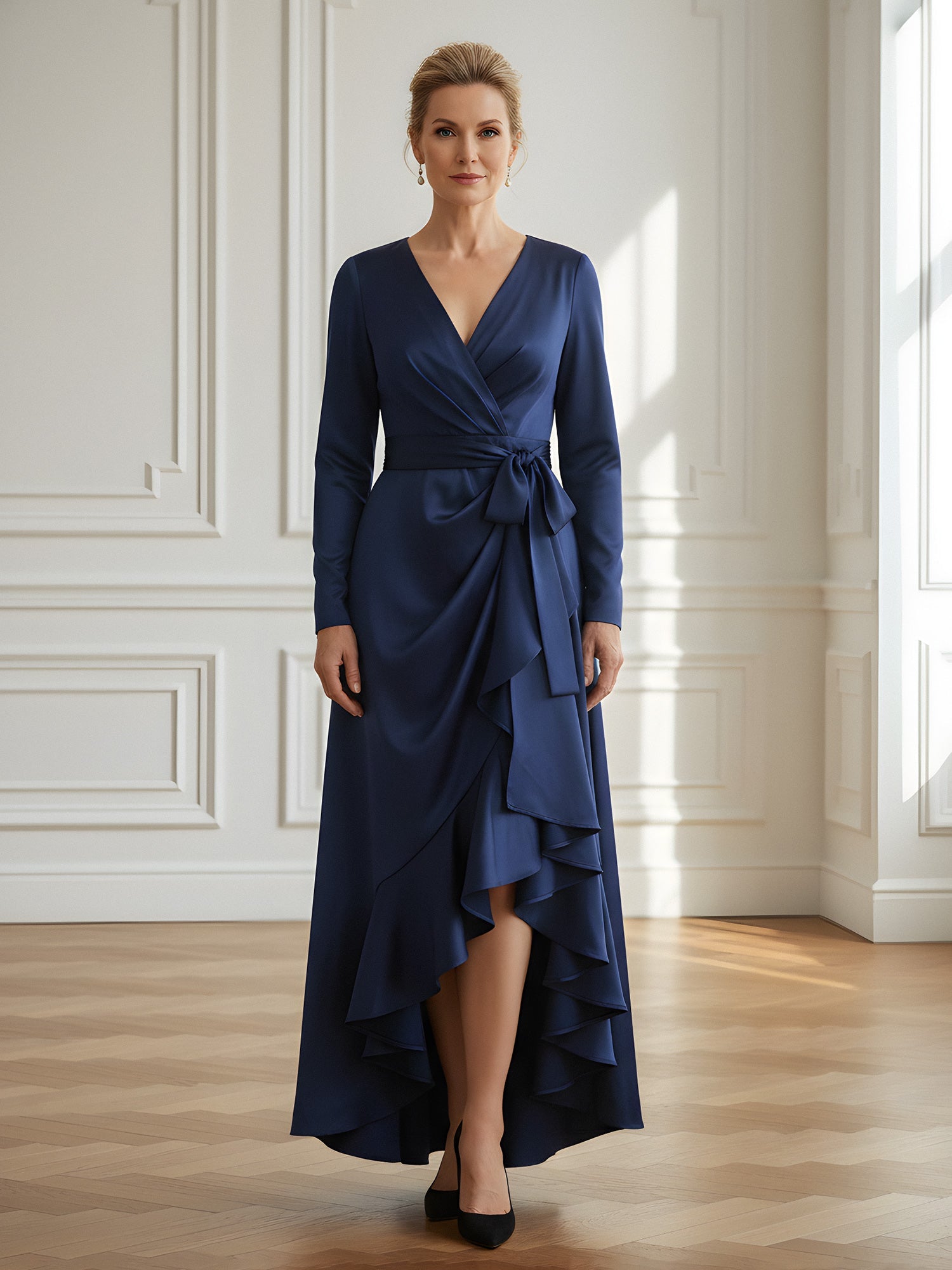 Navy Blue Satin V-Neck Long Sleeve Formal Gown Wrap Bodice Satin Belt High-Low Ruffle Hem Maxi Dress for Mother of the Bride and Black-Tie Events