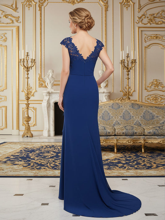 Elegant Royal Blue Lace Cap Sleeve V-Neck Ruched Mermaid Evening Gown with High Slit and Train