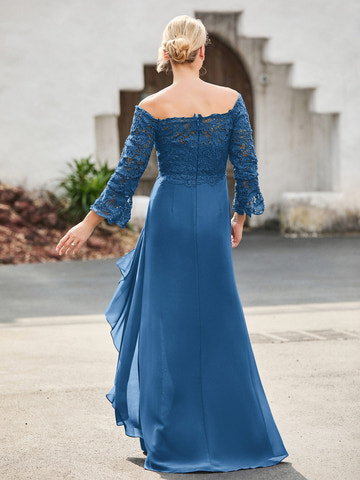 Formal Ink Blue Mother of the Bride Dress Off-the-Shoulder Lace Bell Sleeve Ruffle High Slit Evening Gown