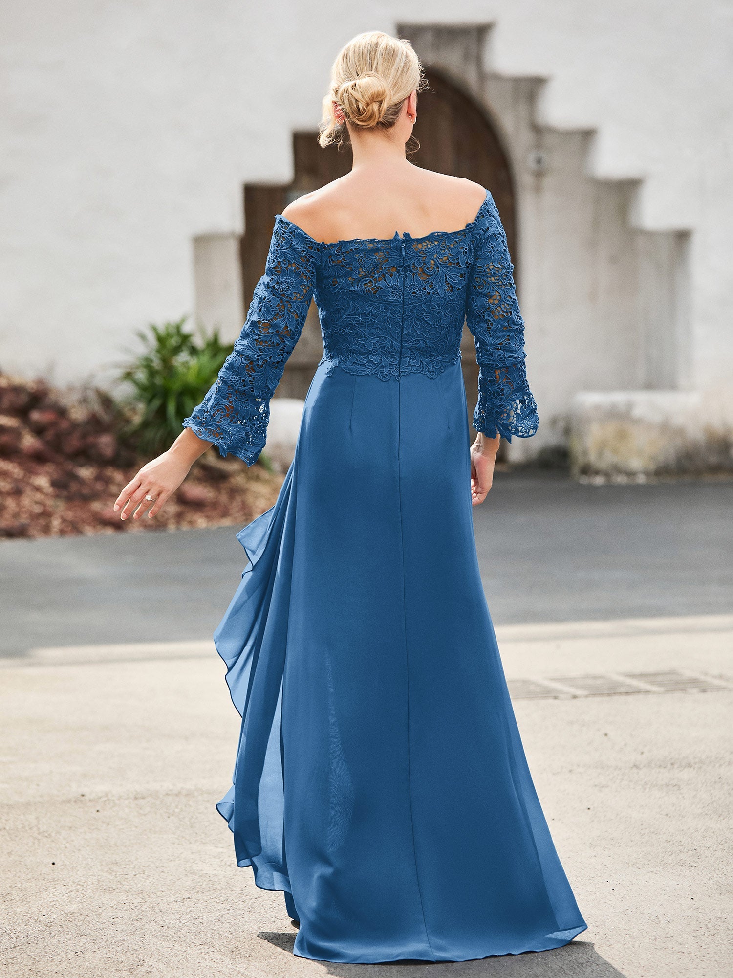 Formal Ink Blue Mother of the Bride Dress Off-the-Shoulder Lace Bell Sleeve Ruffle High Slit Evening Gown