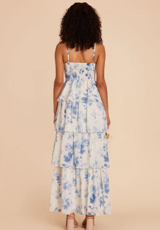 Romantic Tiered A-Line Sweetheart Spaghetti Straps Open Back Maxi Dress Summer Prom Dresses