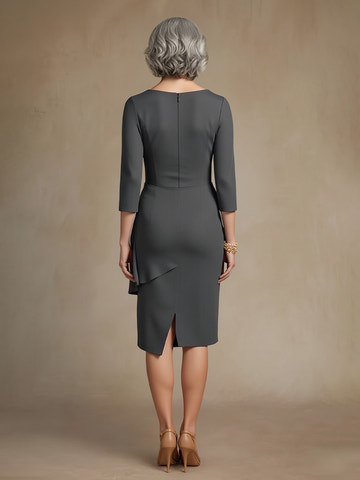 Mother of the Bride Dress Elegant Grey Boat Neck 3/4 Sleeve Beaded Waist Ruffle Knee-Length Cocktail Dress