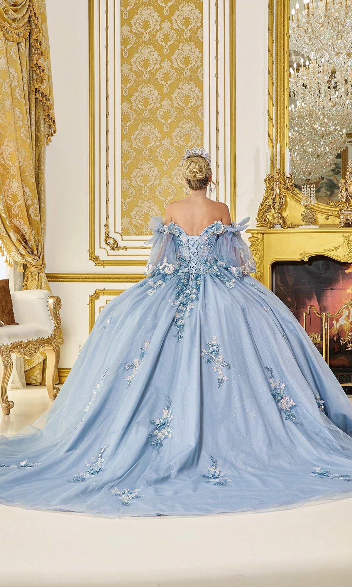 Vedress dusty blue glitter tulle corset‑back quinceanera dress with 3D flowers and sweeping train back view