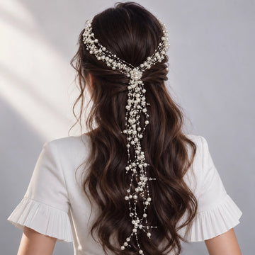 Pearl Crystal Bridal Hair Chain with Long Drape